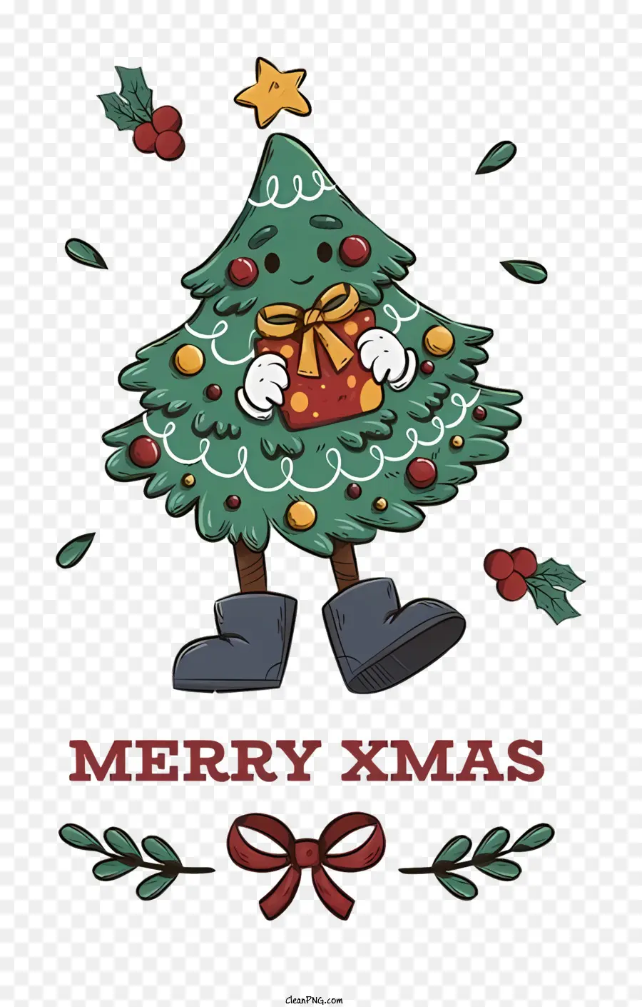Weihnachtsbaum - Festlicher Zeichentrickfigur hält Weihnachtsbaum und Geschenke