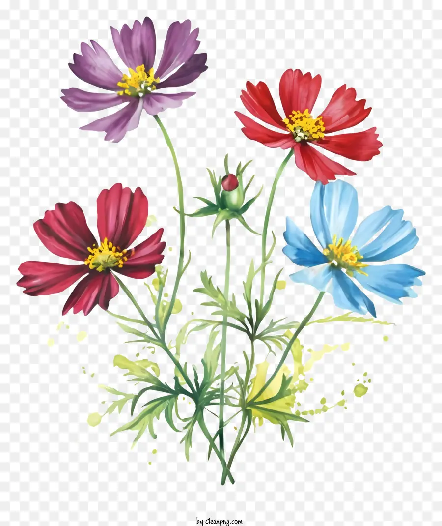 Aquarellblumen malen helle und farbenfrohe Blumen blau rote rosa Blütenblätter - Bunte Blumen in einem Vase -Gemälde