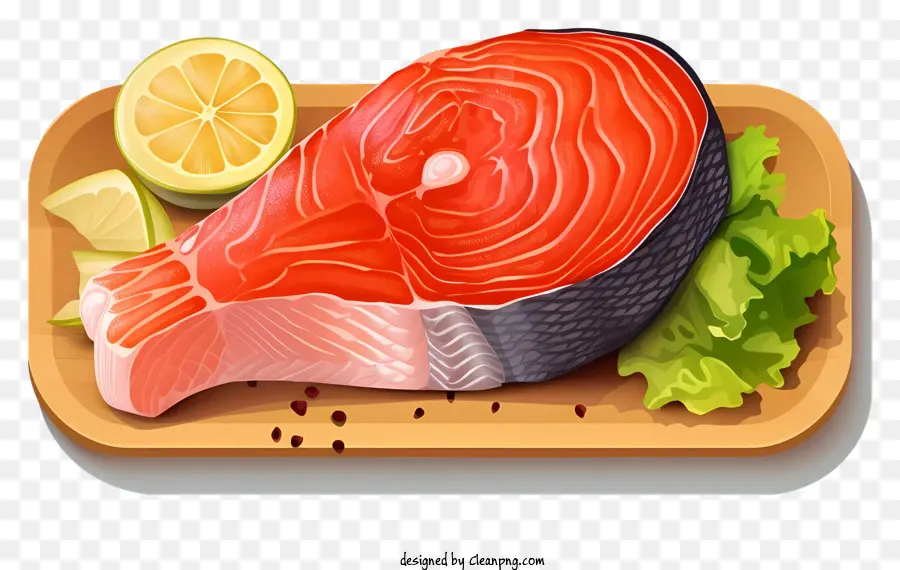 Presentazione del piatto di pesce Presentazione a fette lattuga di pesce Disposizione del limone. - Piatto realistico e appetitoso con pesce a fette