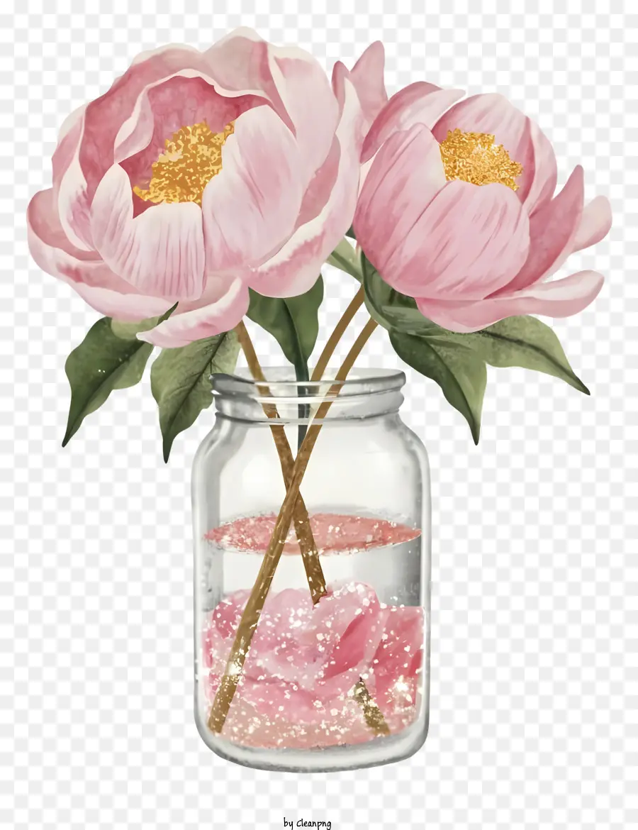 rosa Pfingstrosen Vase Pink Glitter Glitzer funkelnd Laune - Funkelnde rosa Pfingstrosen in klarer Vase auf schwarzem Hintergrund