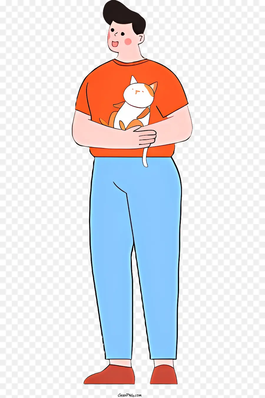 Tuttavia t-shirt arancione da gatto da cartoni animati - Uomo che tiene il gatto bianco con sfondo del cielo blu