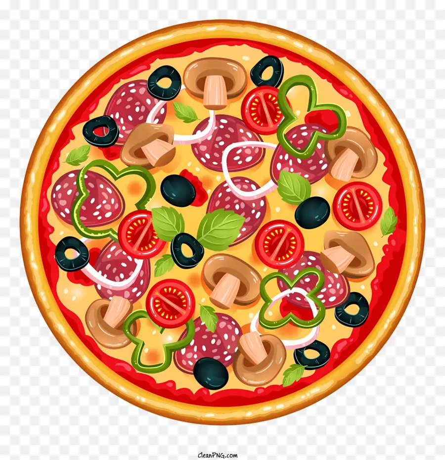 pizza toppings mozzarella phô mai ô liu đen cắt lát cà chua - Hình ảnh của chiếc bánh pizza tròn mới nấu chín với nhiều lớp phủ khác nhau