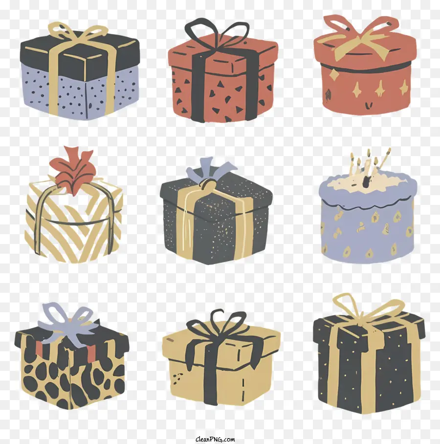 Geschenkboxen Ribbon -Tag -Farben (schwarzes Gold - Neun Geschenkboxen mit Bändern, Tags und Mustern