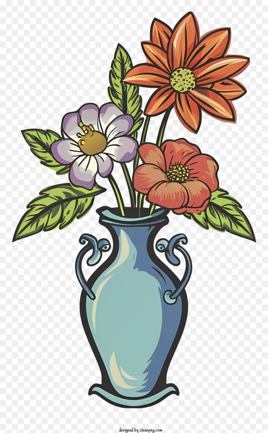 Vase der Blumen Blaue Vase rote Blüten rosa Blumen grüne Blätter - Lebendige Blüten in symmetrischer Anordnung, blaue Vase