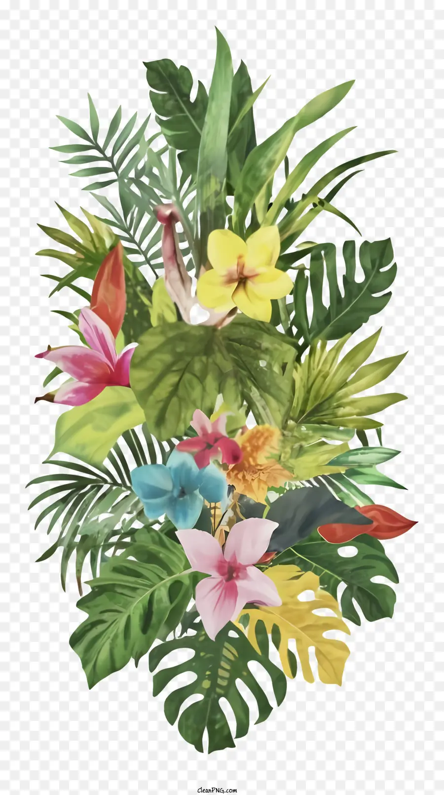 Fiori tropicali Heliconia Bird of Paradise Flowers Disposition Vase o Basket - Grande disposizione di fiori tropicali su sfondo nero
