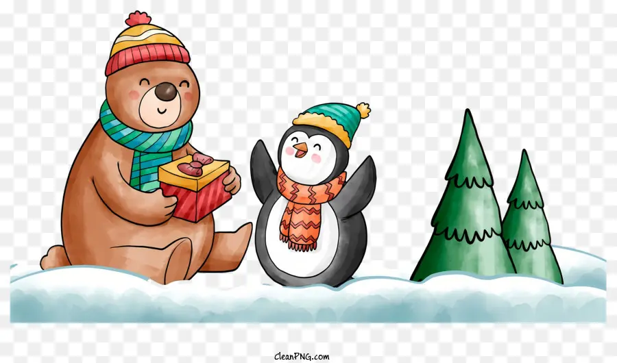 cây thông - Quà tặng trao đổi gấu và chim cánh cụt trong rừng tuyết