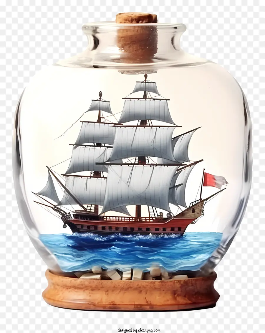 ship in a bottle wooden ship sails on a mast light blue sails dark blue hull