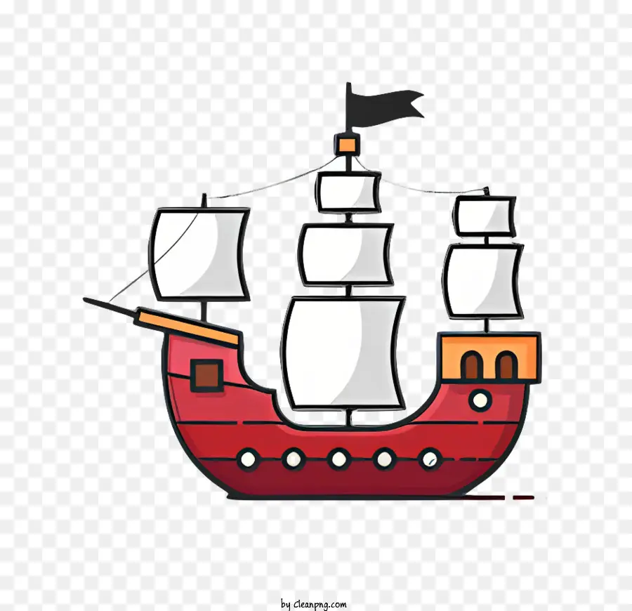 pirate ship red and white ship billowing sails black flag ocean waves