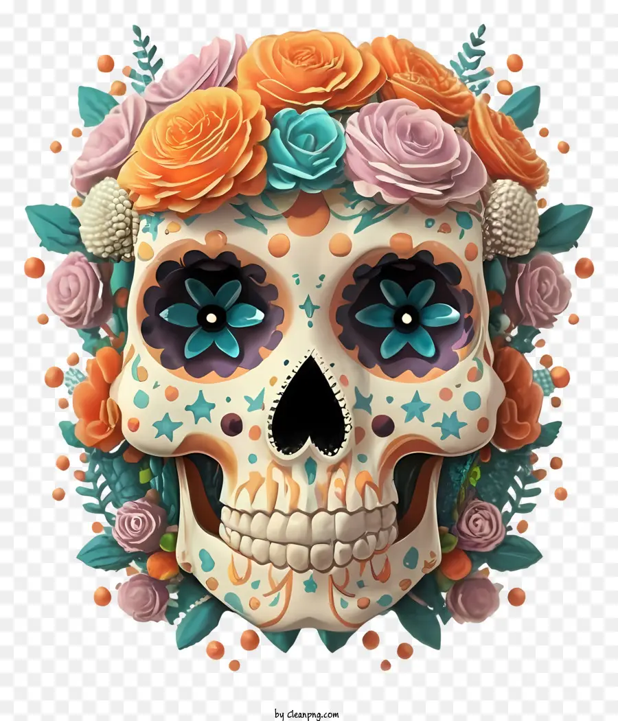 bouquet di fiori - Skull colorato con sorriso grande, circondato da fiori