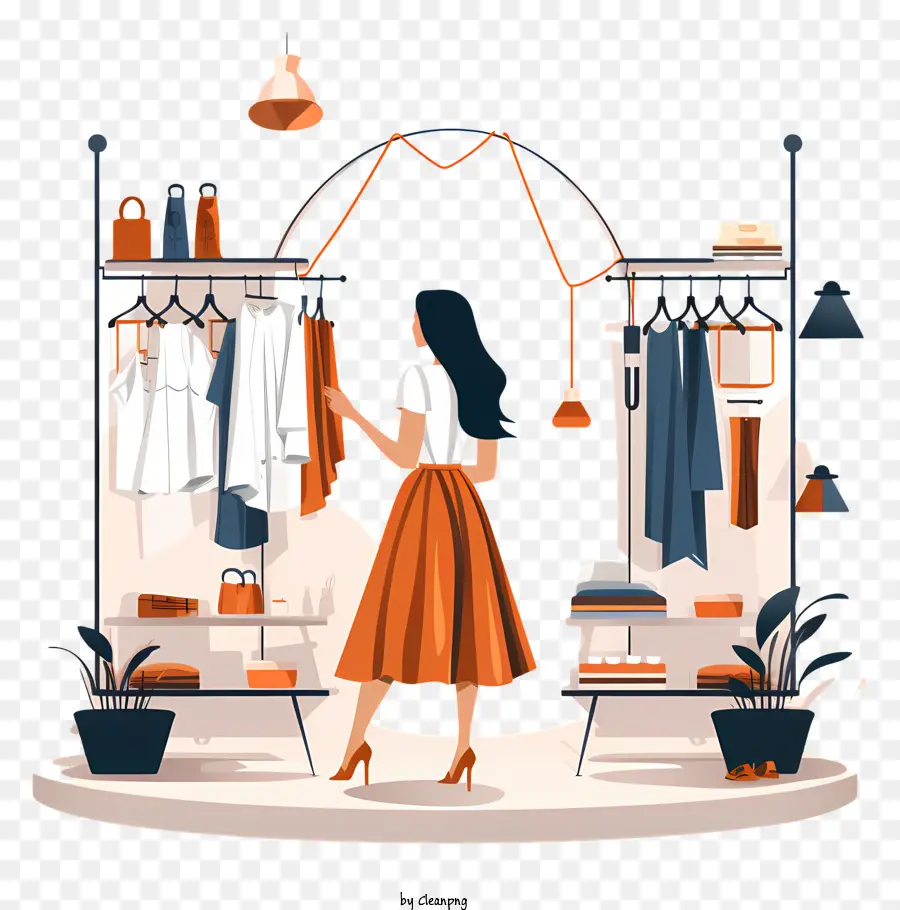 Store di abbigliamento Specchio Reflection Borse Abito a strisce Curls sciolti - Donna che fa shopping nel negozio di abbigliamento con borsetta