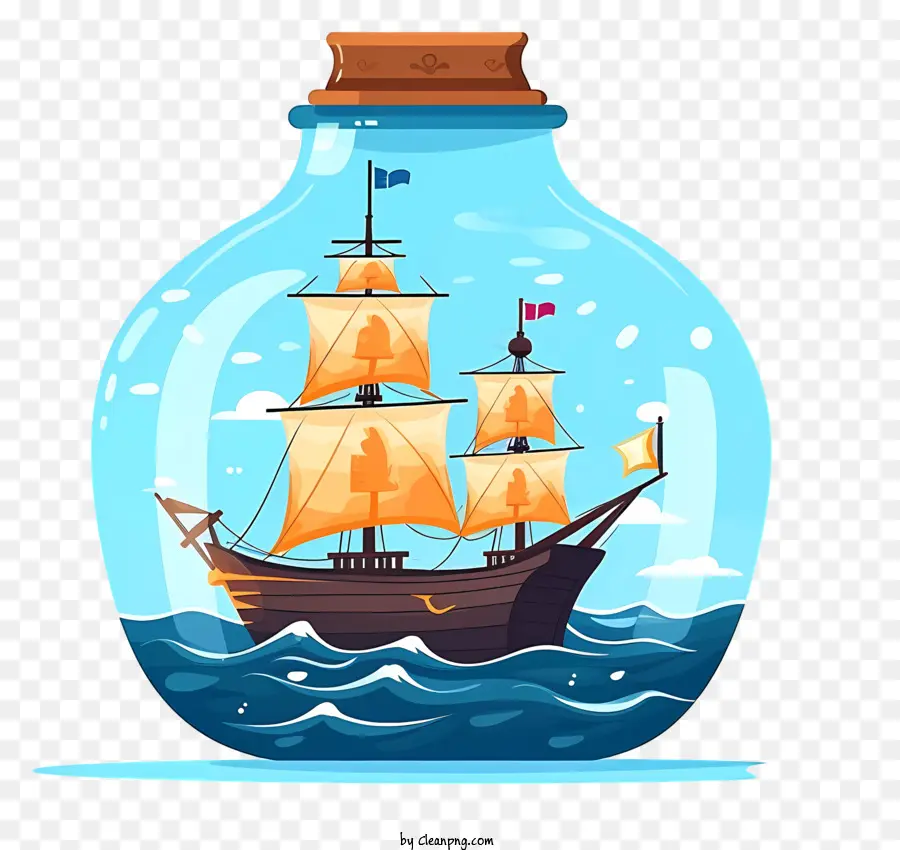 Schiff in einem Flaschenglasflaschenschiff Ozean Segelschiff mit großen kunstvollen Schiffsdetails - Schiff in einer Flasche segelt am offenen Ozean
