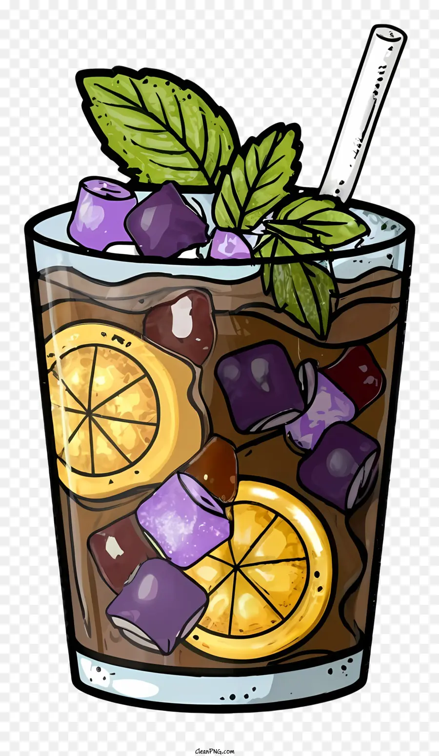 Minzblatt - Glas gefüllt mit Fruchtgetränk, Minzblatt, Stroh