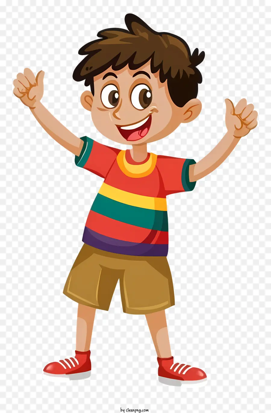 young boy brightly colored shirt brightly colored shorts waving arms excitement