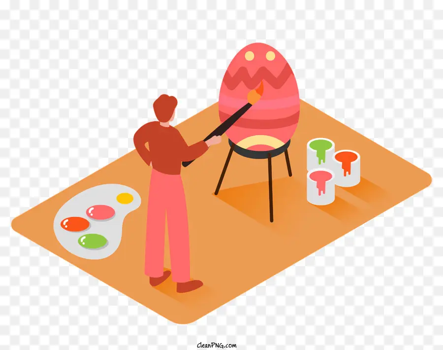 Eiermalerei -Techniken Ostereimalerei dekorative Eier malen Töpfe und Pinsel Pinetechniken - Mann malt hellrosa Ei am Tisch
