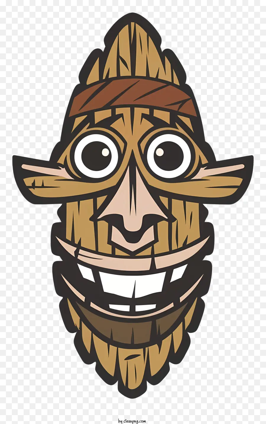 cartoon character smiling wooden mask wide smile headband made of leaves closed eyes