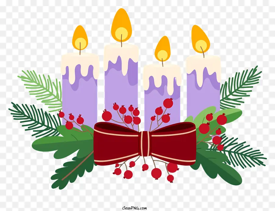lila Kerzen rote Bogengirlande Holly Blätter Beeren - Drei lila Kerzen mit Holly und Bogen