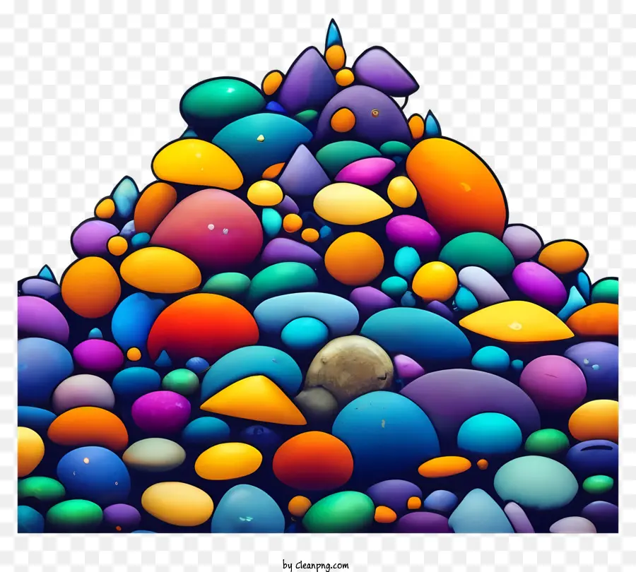 colorful pebbles faceted pebbles glittering highlights cascading stack black background