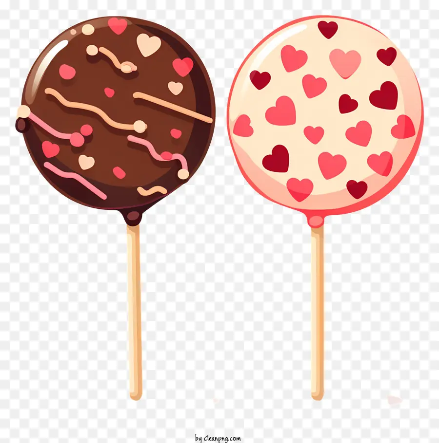 Schokoladenlollipop herzförmige Schokoladen-Lutscher auf einem Stock rosa Schokoladenstückchen rote Schokoladenstückchen - Schokoladen-Lutscher mit herzförmigen Chips am Stock