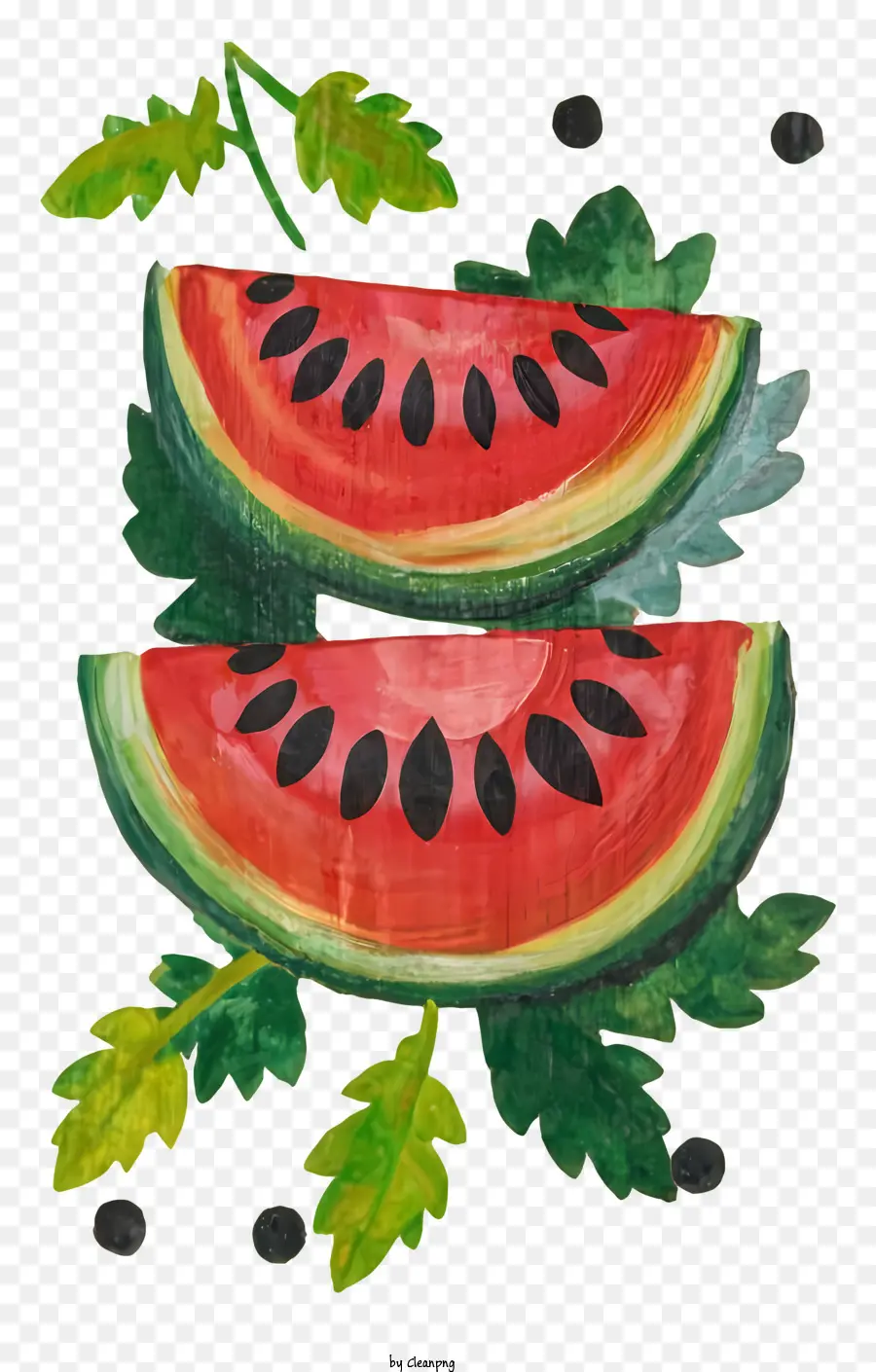 Wassermelonenscheiben grüne Blätter Melonenschwarz Oberfläche frisches Obst - Zwei Wassermelonenscheiben auf einer schwarzen Oberfläche