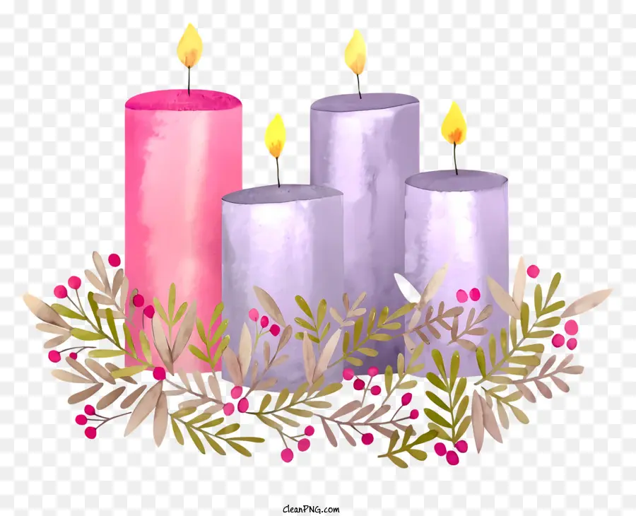 Kerzenkranz rosa lila weiße Kerzendreiecksform - Digitales Bild von drei farbigen Kerzen im Kranz