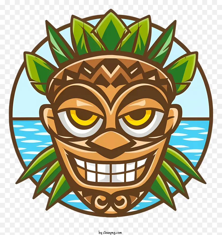 Tiki Maske lächelnde Gesichtsblatt -Design Big Round Eyes Öffnen Sie den Mund - Tiki -Maske mit lächelndem Gesicht, Blattdesign