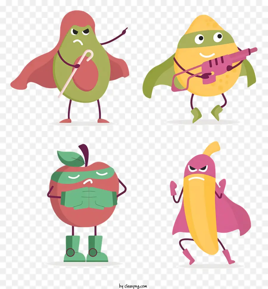 Superhelden -Früchte Banane Superhelden Apple Superhelden Frucht Charaktere lächeln Früchte - Vier Frucht -Superhelden lächeln in schwarzem Hintergrund