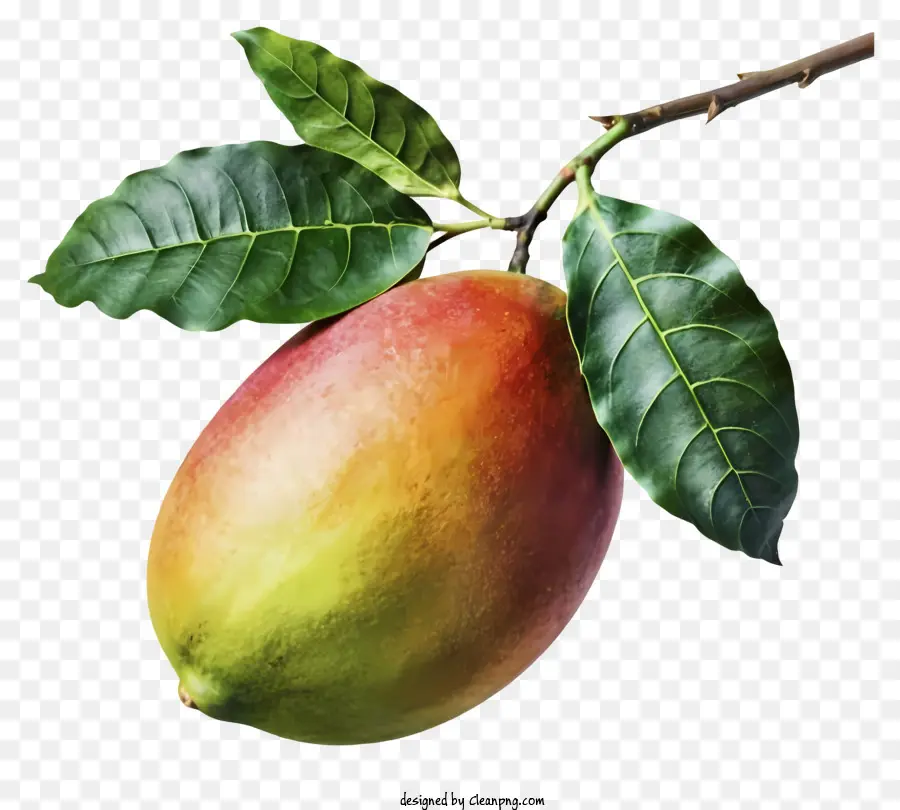 albero di mango - Grande mango maturo rotondo con pelle giallo rosso, alcune macchie marroni, foglie verdi, sfondo nero