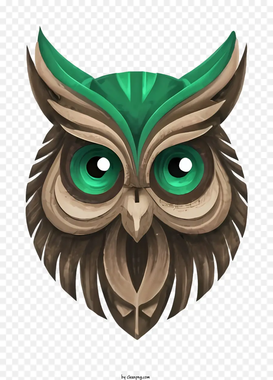 large owl bright green eyes large nose hind legs dark body
