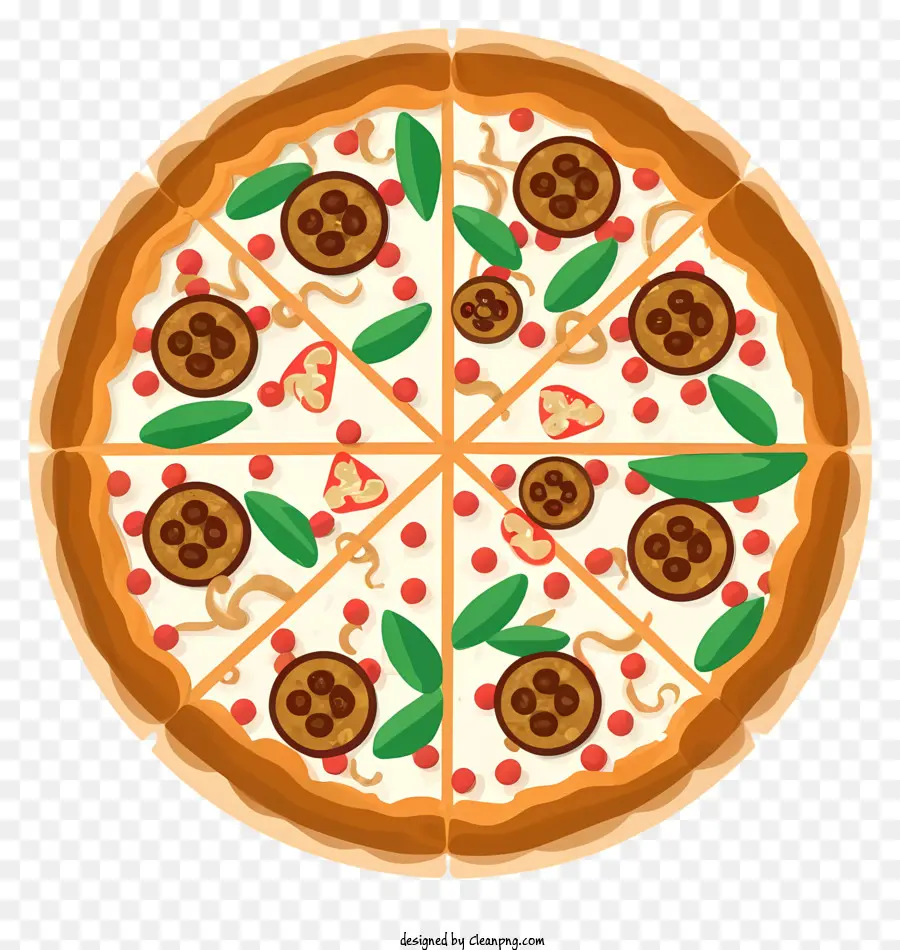 Pizza -Toppings Pilze Grüne Paprika Käse - Graustufenzeichnung mit niedriger Auflösung von Pizza -Toppings