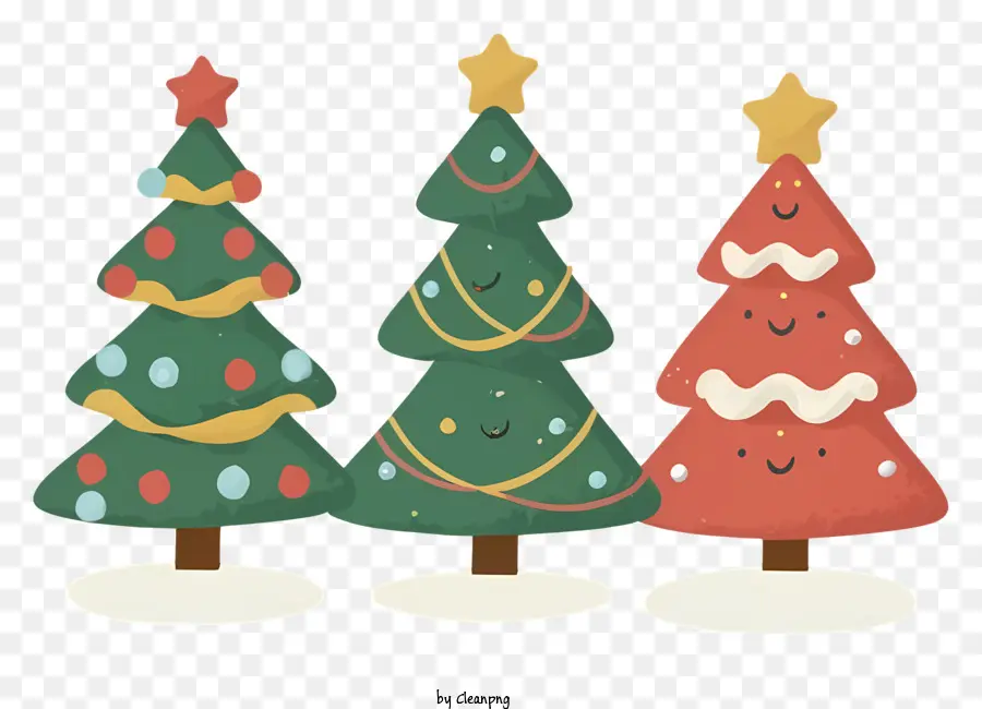 alberi di natale - Tre alberi di Natale con foglie colorate e sfondo nevoso