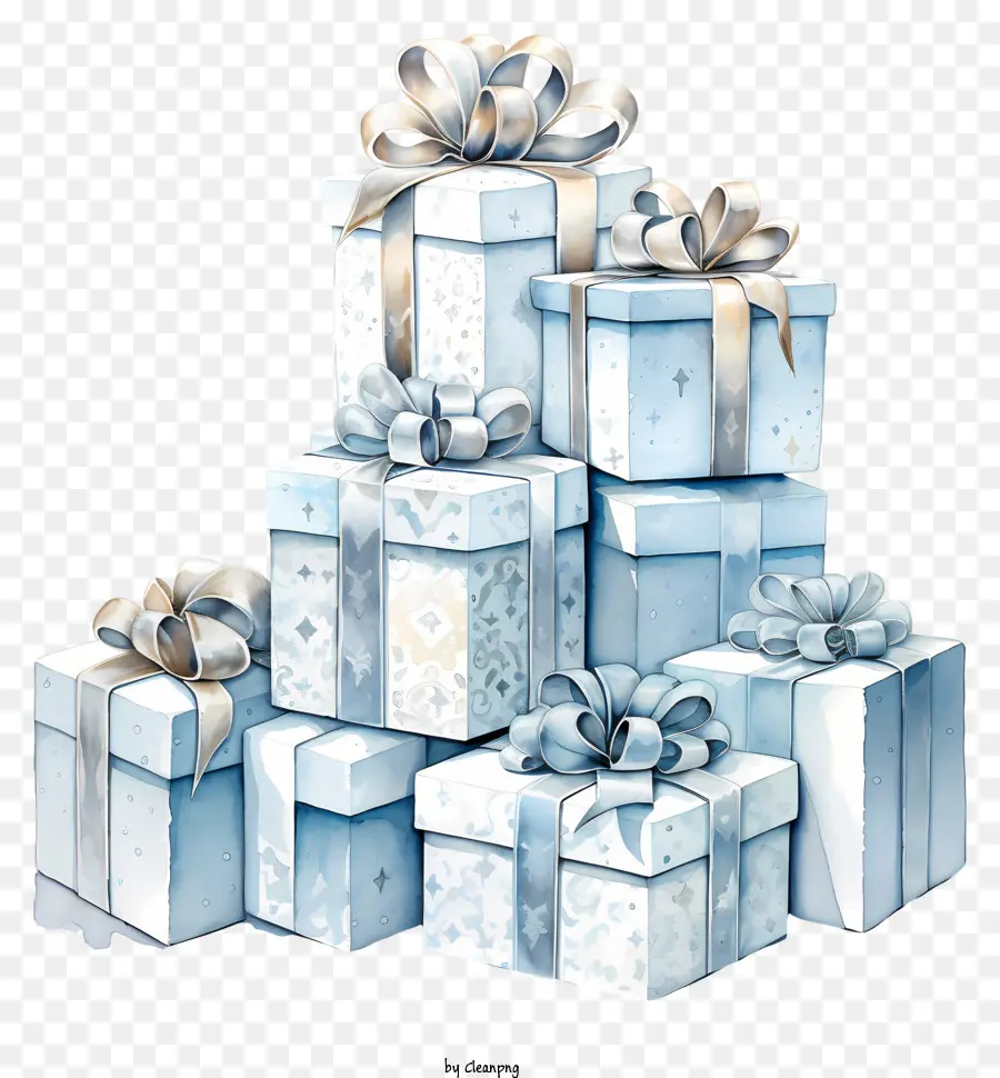 Blaues Band - Gestapelte weiße Geschenkboxen mit silbernen Bögen