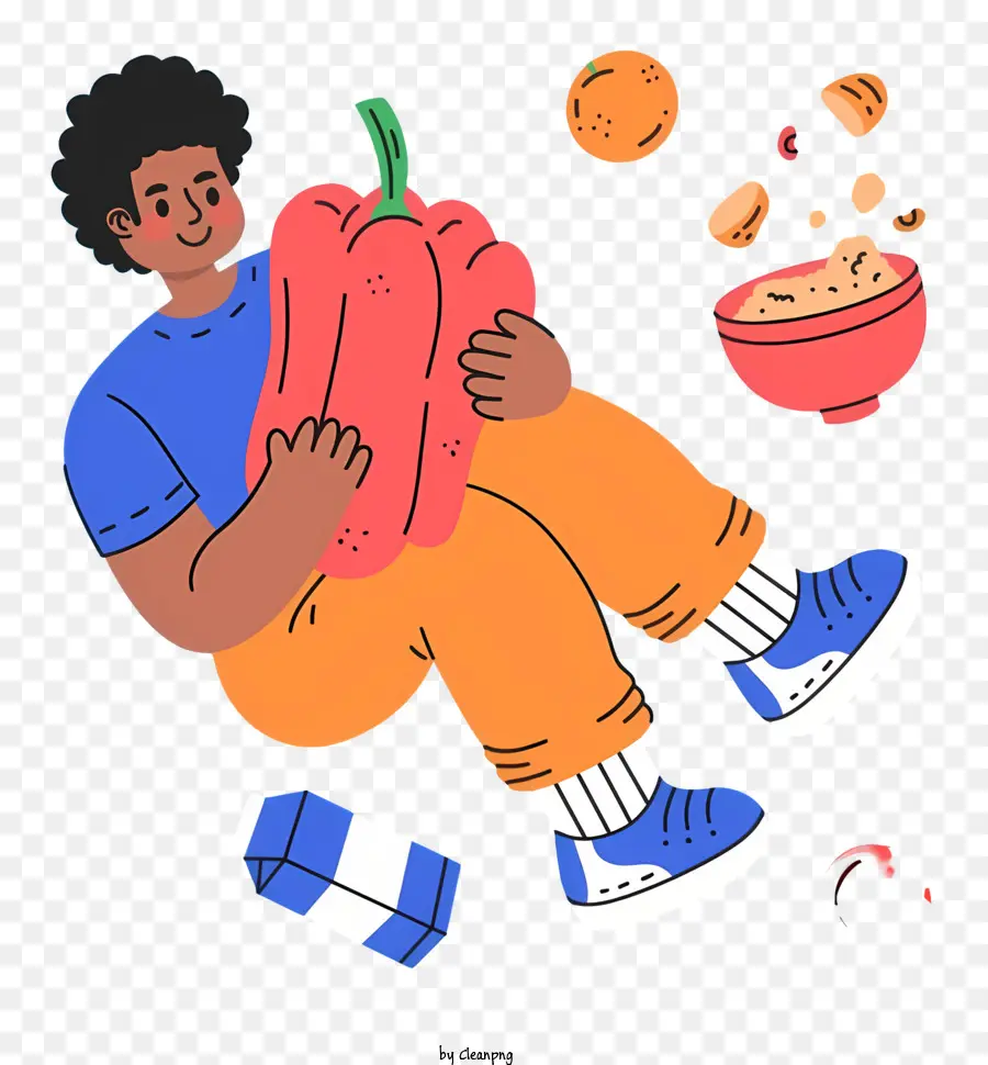 Obst rote Pfefferäpfel Orangen gesunde Ernährung - Content Person sitzt, rotem Pfeffer hält, fröhlich