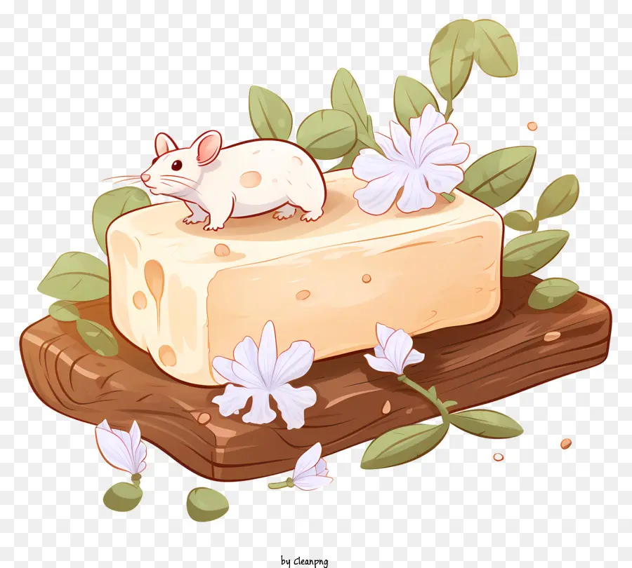 holzbrett - Käse mit Maus auf Holzbrett, Blumen