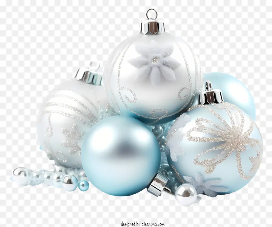 Weihnachtsschmuck - Weiße und blaue Weihnachtsschmuck auf schwarzem Hintergrund