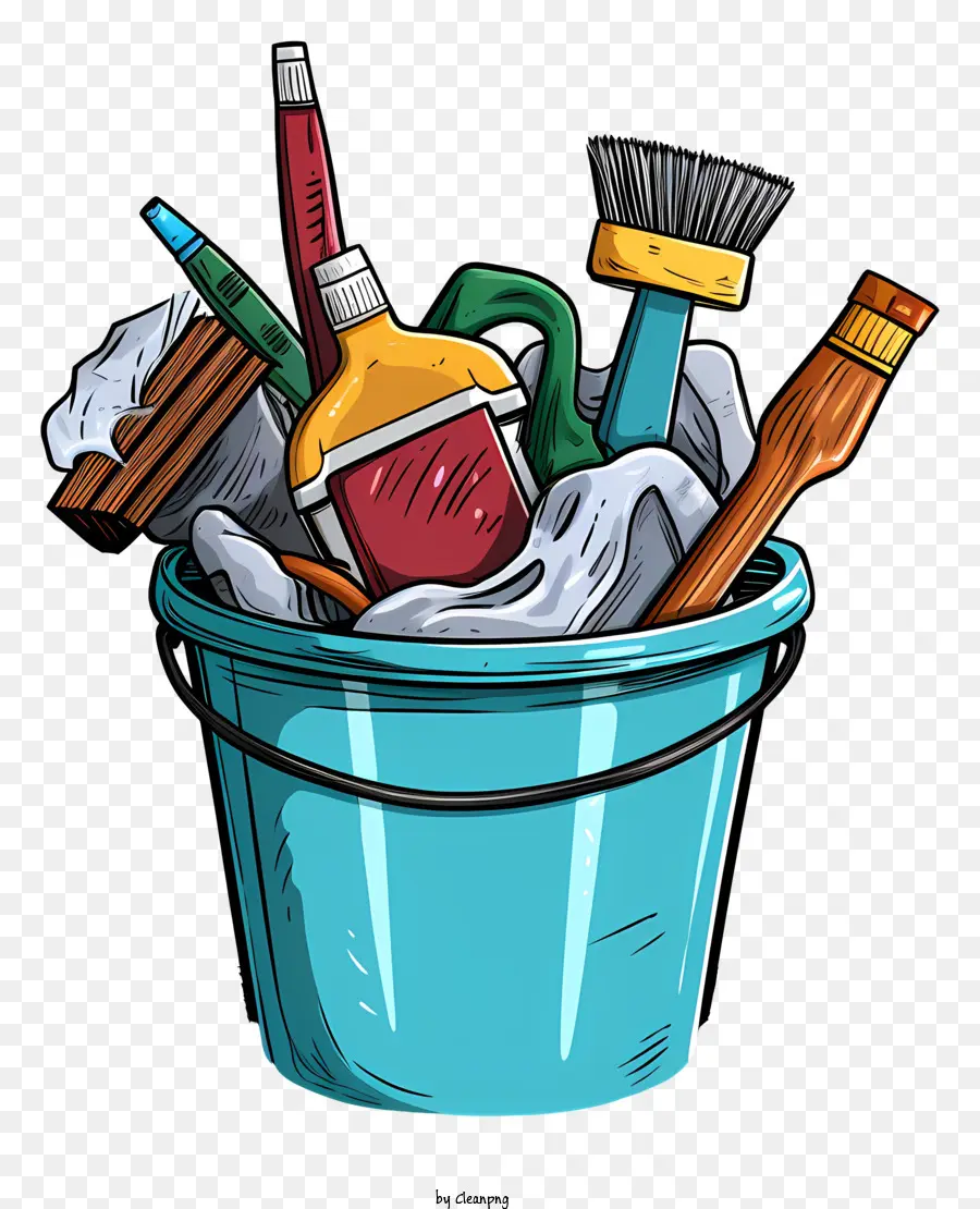 Cartoon illustrazione blu bucket pulizia degli strumenti per le setole - Illustrazione dei cartoni animati di strumenti di pulizia colorati nel secchio
