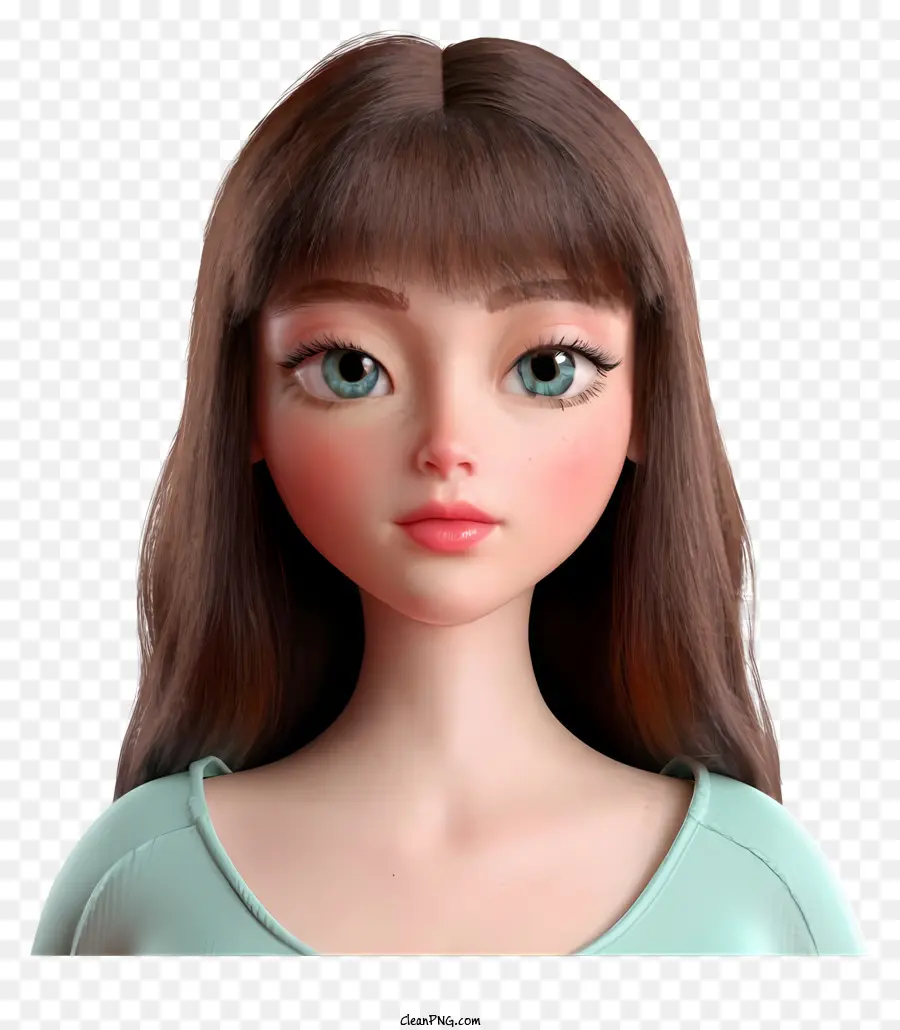 3d model woman's face green eye brown hair green top