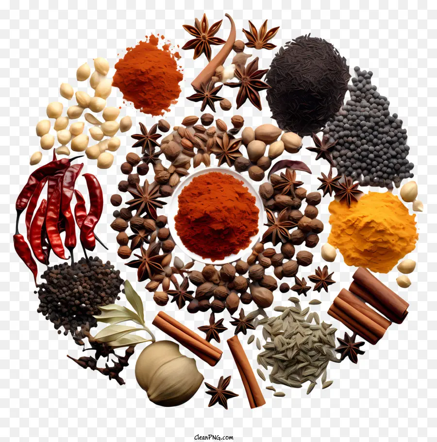 Spices Cloves Peppercorns Sắp xếp thông tư - Hình ảnh tròn của các loại gia vị trong bát trên nền đen