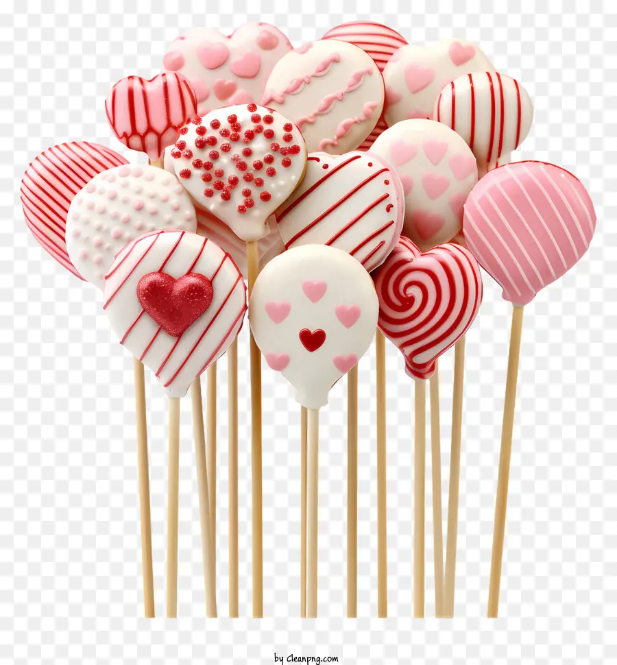 Lollipops a forma di cuore Lollipops rosso e bianco Candy Treats Lollipop Disposition Lollipops a strisce - Stack di lecca-lecca a forma di cuore su sfondo nero