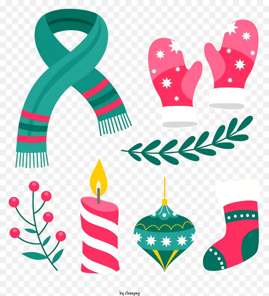 festive items red and white mitten green and white scarf green and red candle pine cone