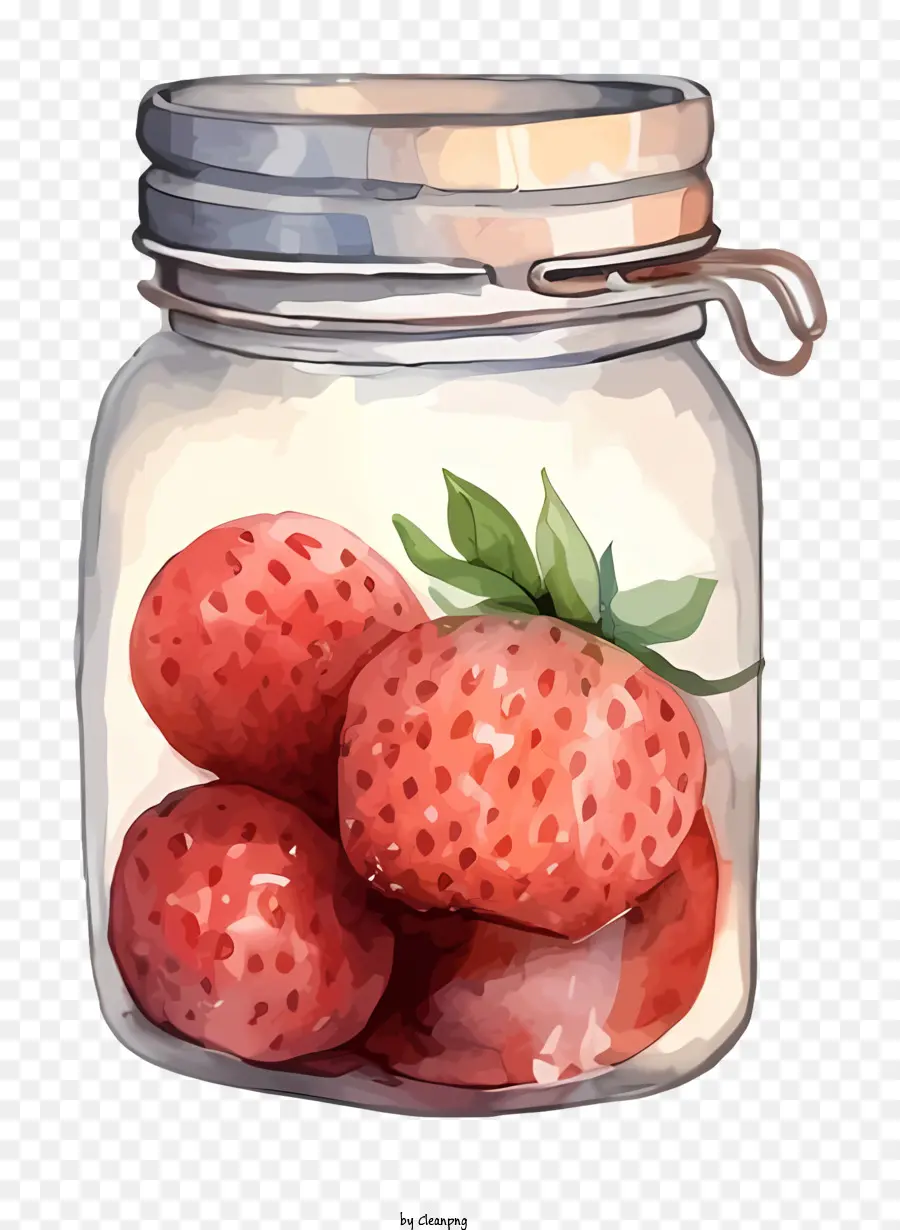 Masonglas frisch gepflückt Erdbeerenlöffel ordentlich arrangierter weißer Deckel - Erdbeeren mit Löffel, mit Saft bedeckt