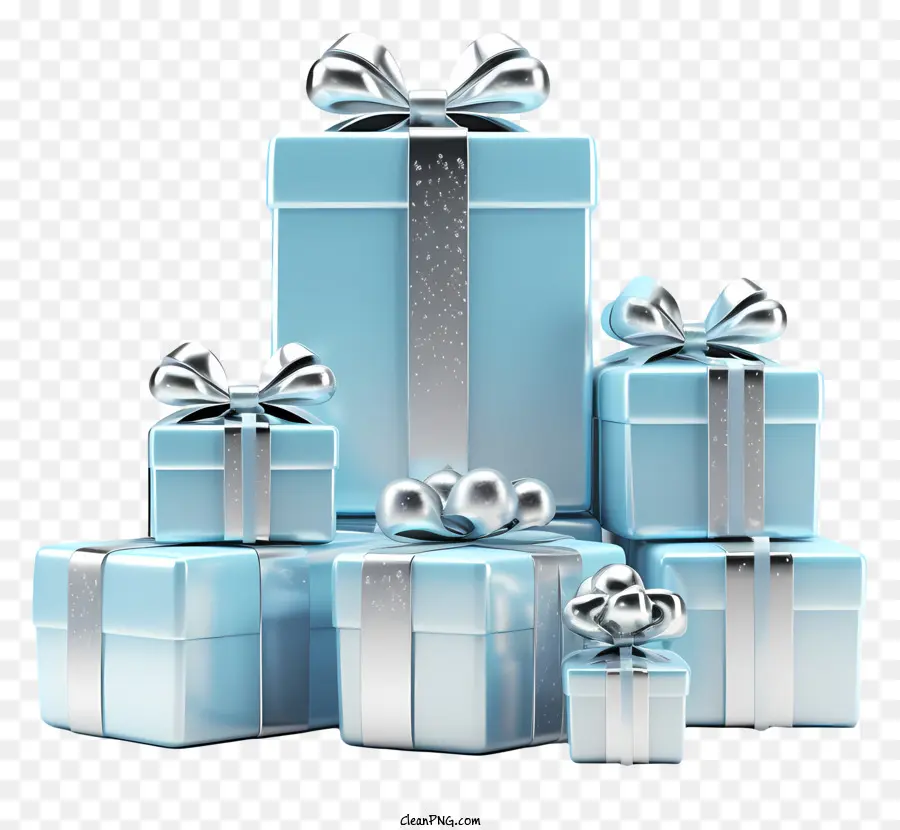 blue presents silver ribbon silver bows stack of presents black background