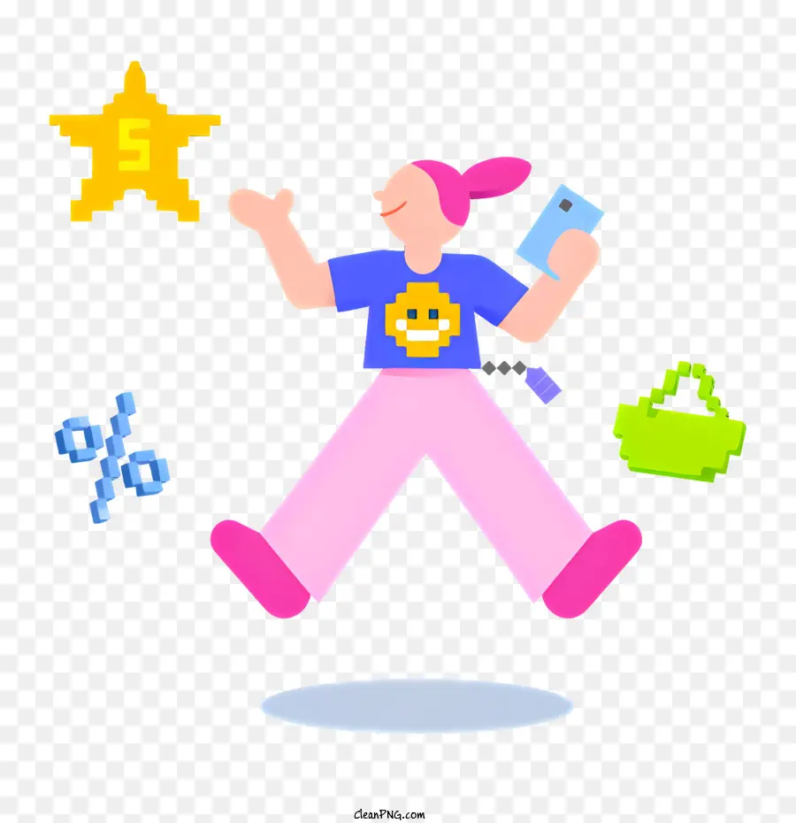 stella rossa - Donna che salta con camicia rosa e giacca blu, con oggetti, divertirsi