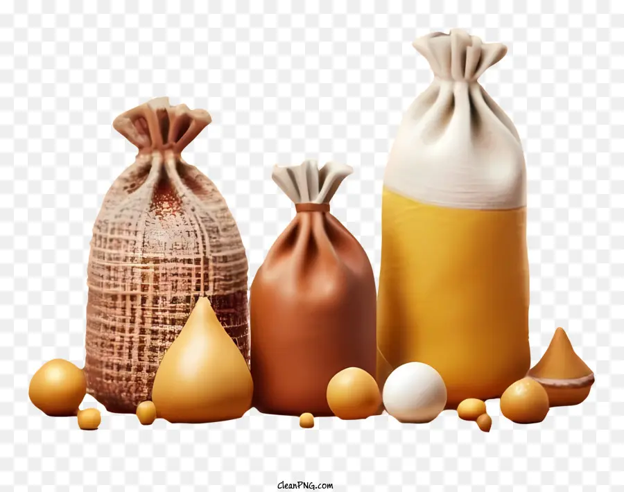 Taschen Eier braune Beutel gewebte Stoffbeutel Kordelstringsäcke - Drei braun gefüllte Beutel mit Griffen