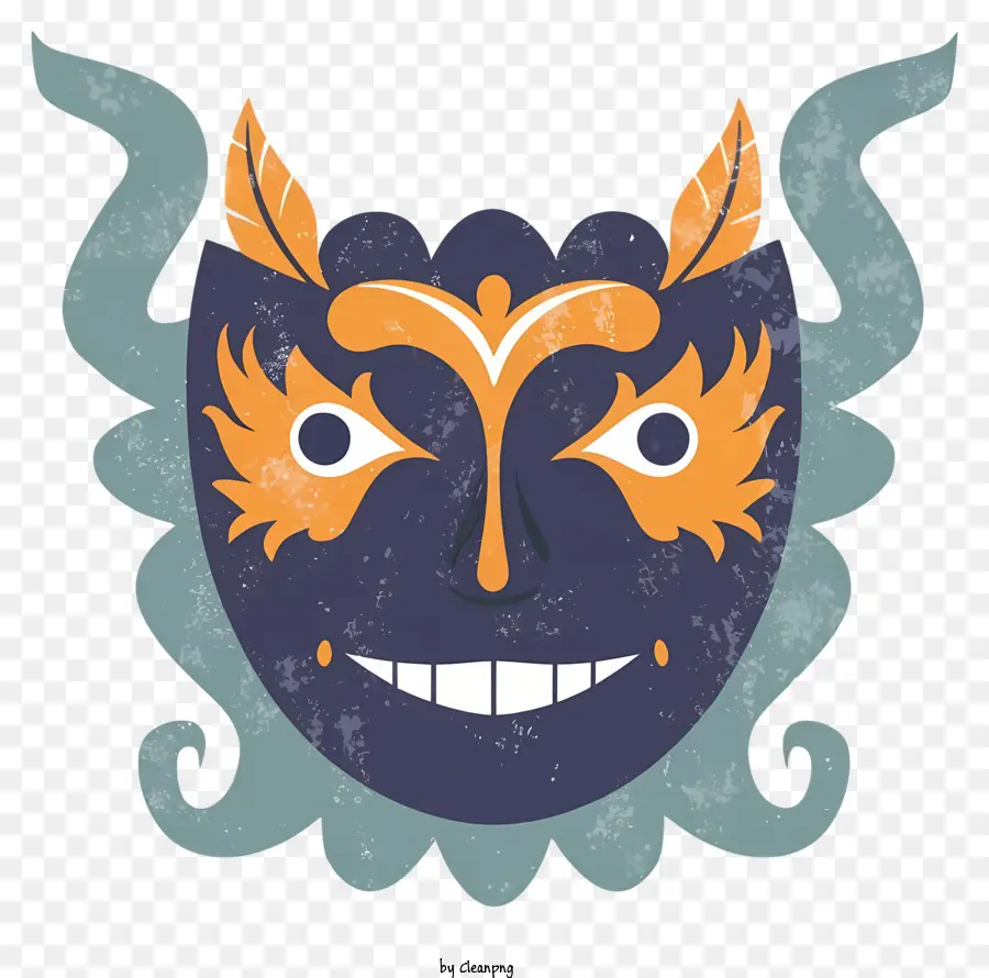 glückliches Gesicht - Bunte karikaturistische Maske mit fröhlichem Gesicht und Federn