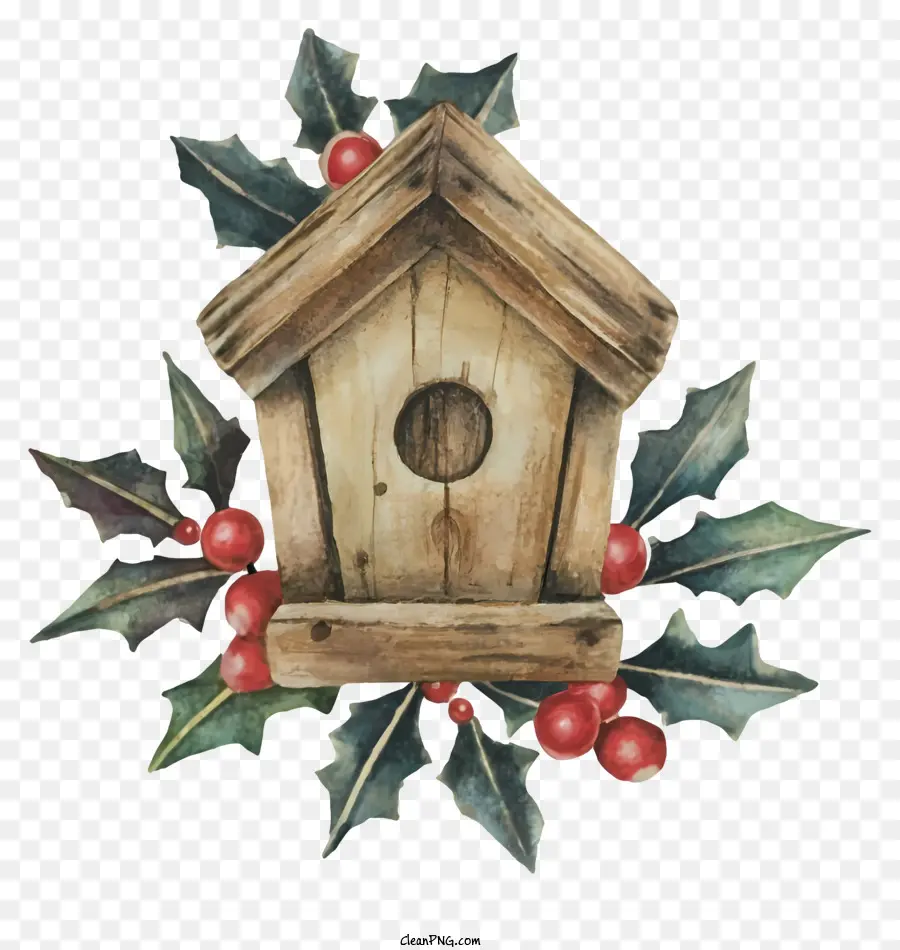 birdhouse wood small opening holly leaves red berries