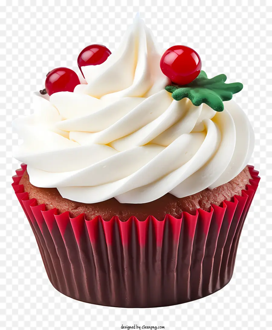 Cupcake White Frosting Cherry Red and Green Blätter Dekoration - Cupcake mit weißem Zuckerguss, Kirsche und Dekorationen