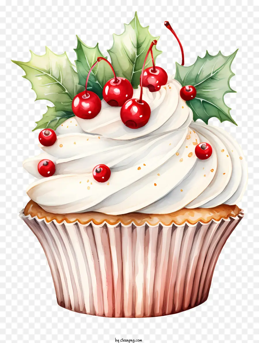 cupcake cream frosting red berries holly leaves festive cupcake
