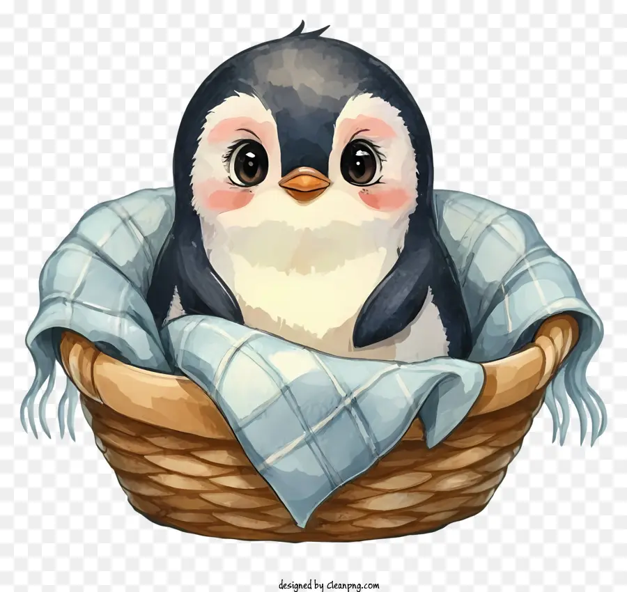 Pinguin - Entzückender Pinguin im Korb mit blauem Schal