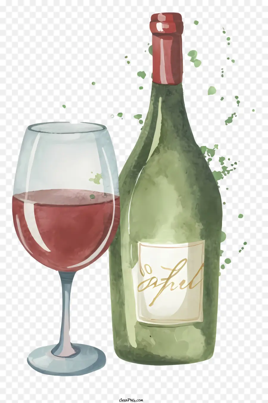 bicchiere di vino - Pittura realistica ad acquerello di bicchiere di vino e bottiglia