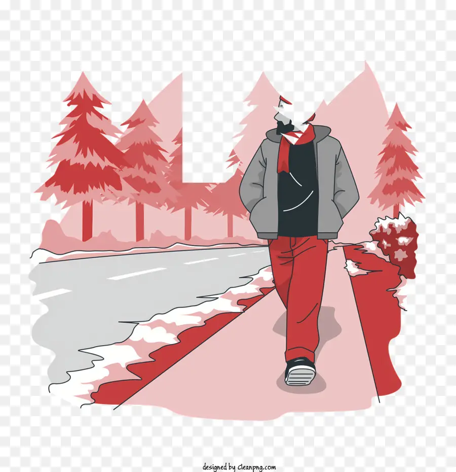 Schneeweg roter Hut rote Schalbäume rosa Himmel - Der Mann geht auf einem schneebedeckten Weg, umgeben von Bäumen